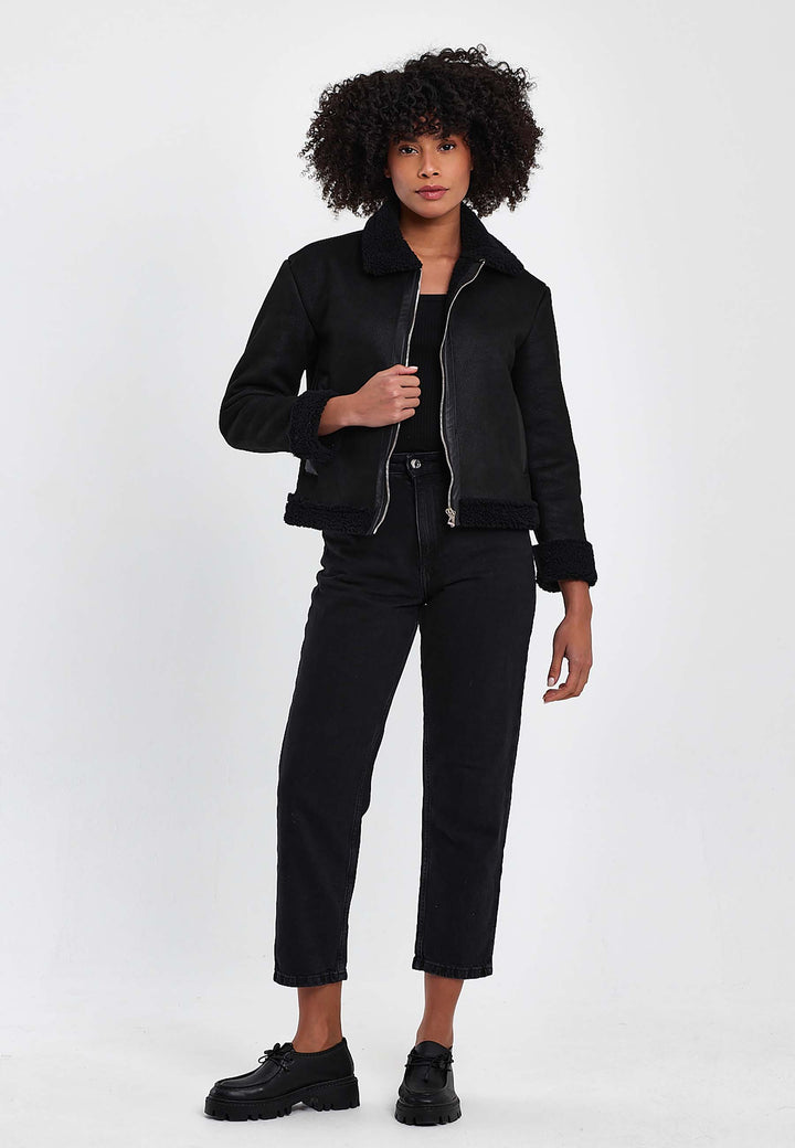 Faux Leather Bomber Jacket with Shearling Trim