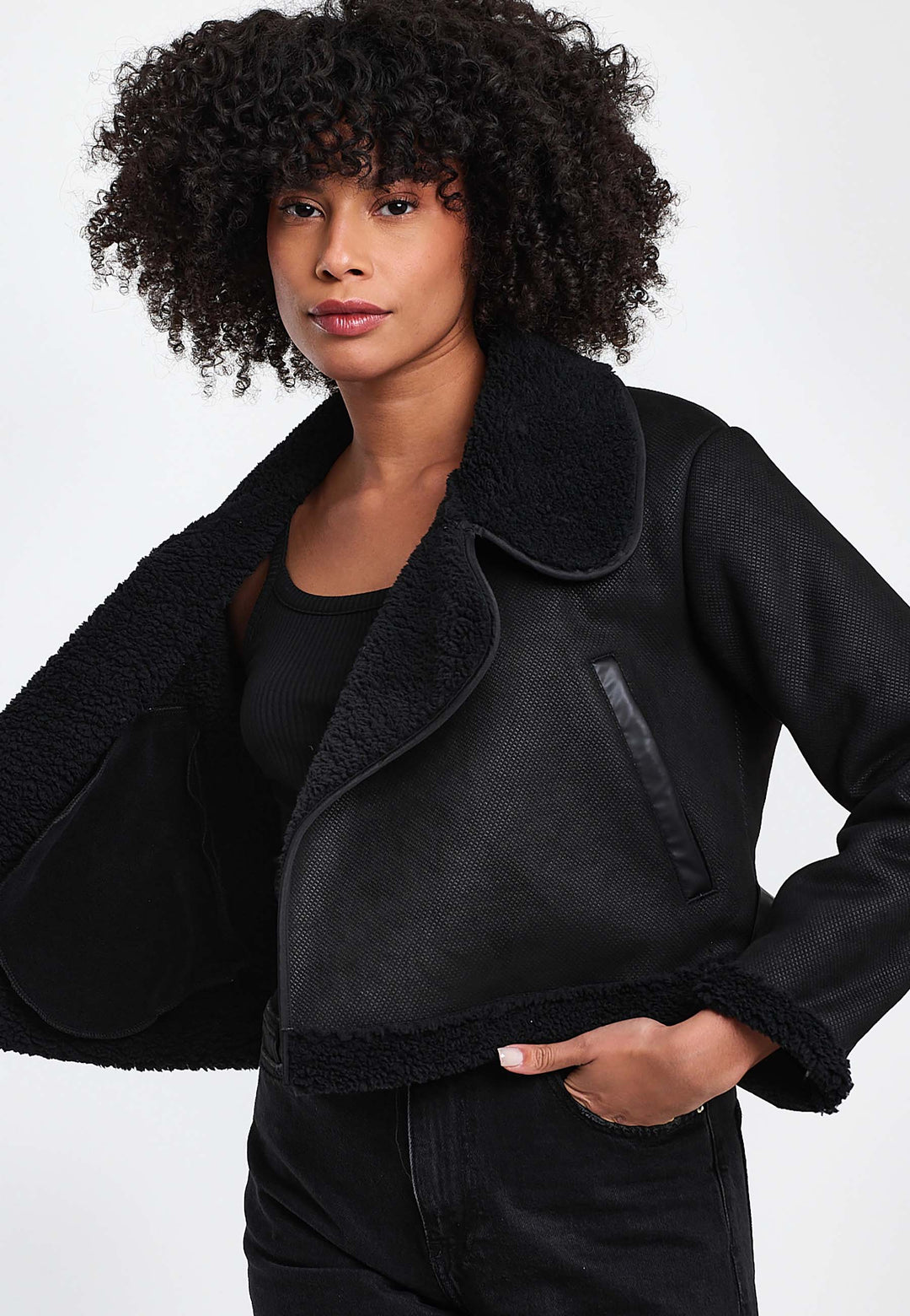 Faux Leather Bomber Jacket with Shearling Trim