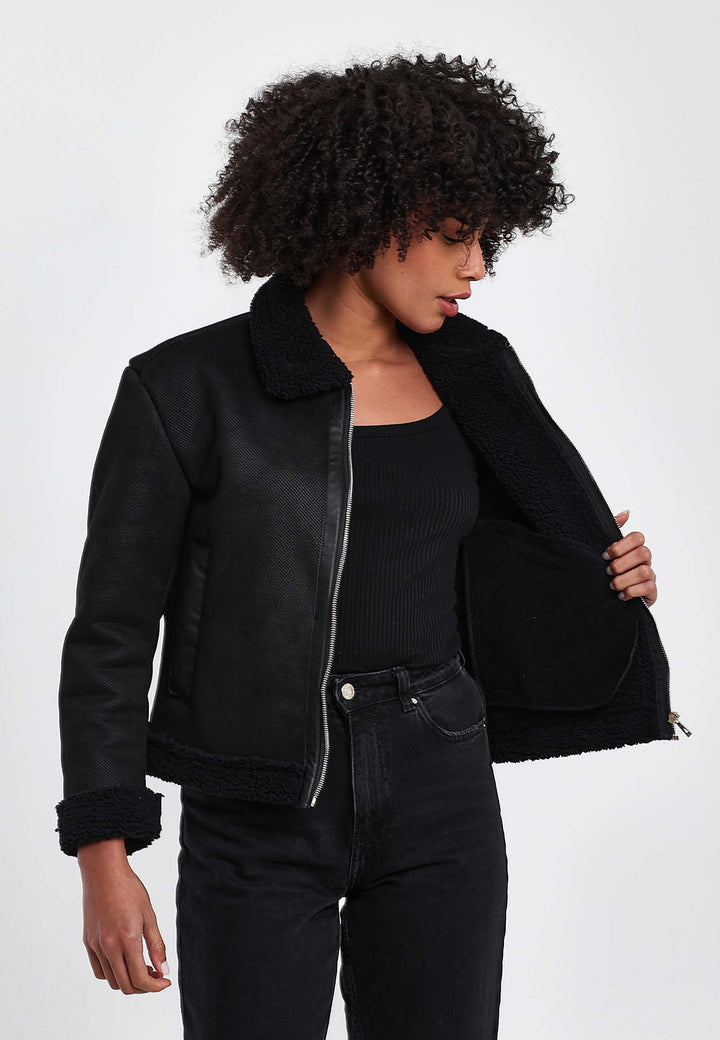 Faux Leather Bomber Jacket with Shearling Trim